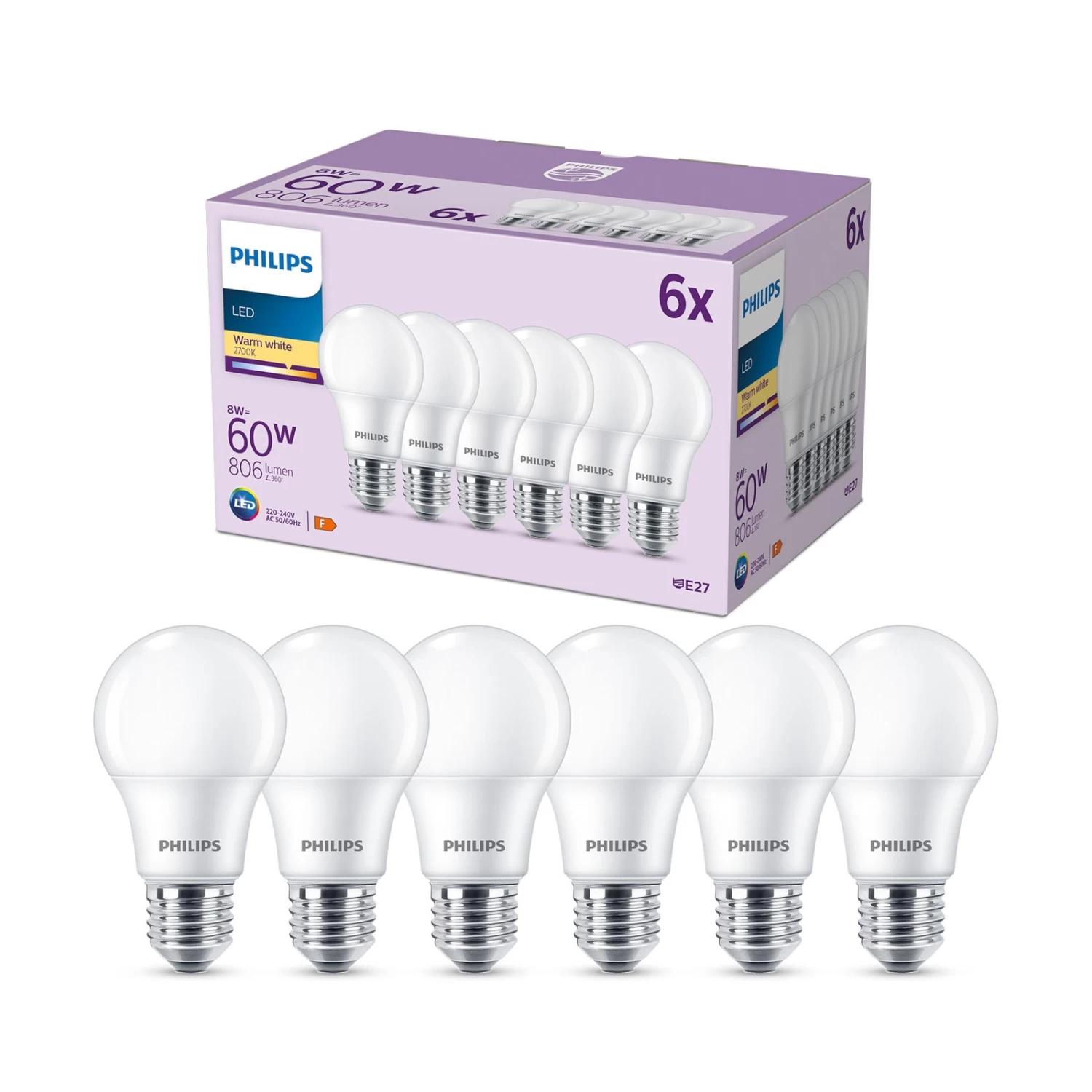 Philips LED-Lampe E27 8W 806lm 2.700K Matt 6er