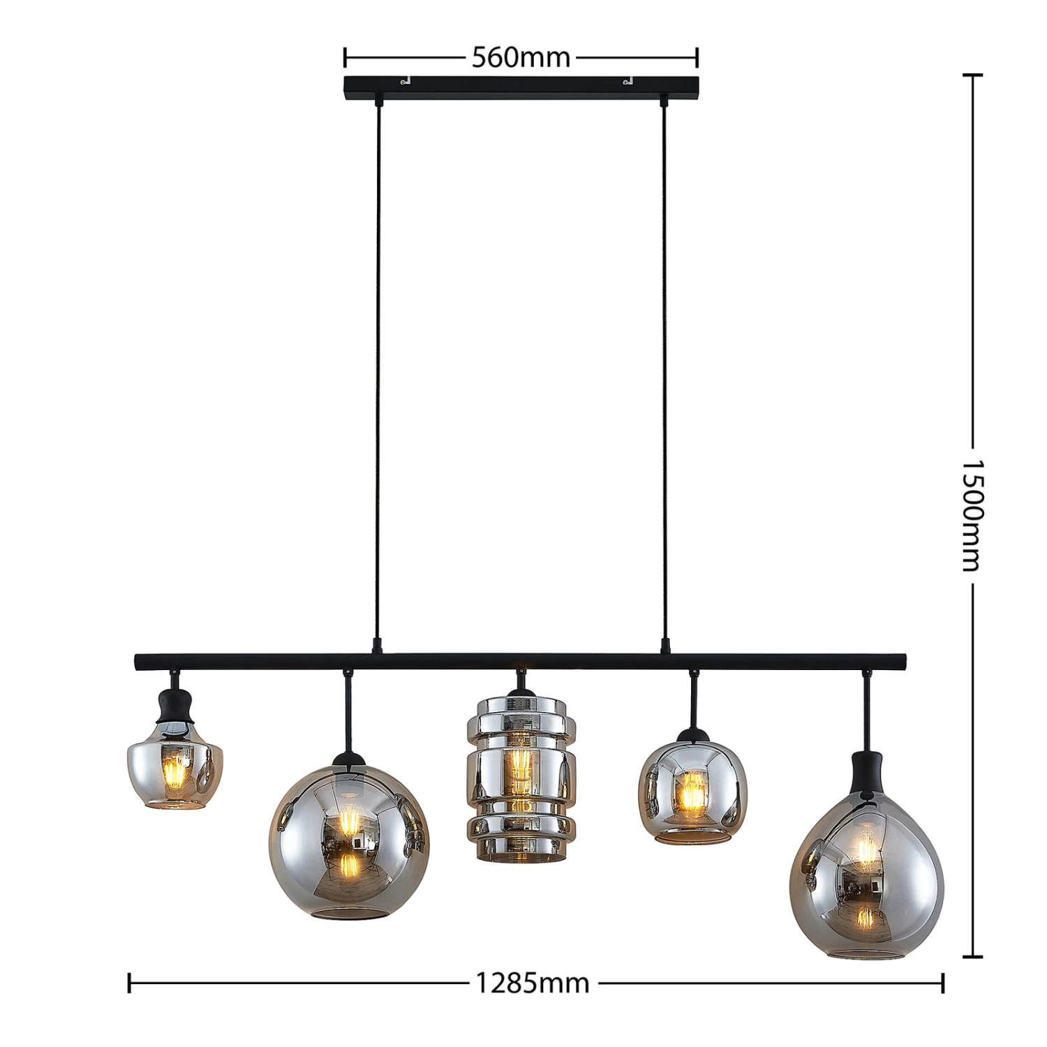 Lindby Mateno Glas-Hängeleuchte, 5-fl., Rauchgrau – Bild 4